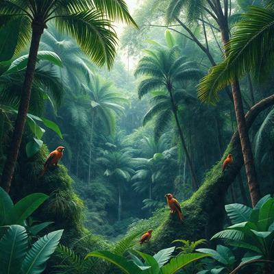 The image features a lush, tropical forest with a group of birds perched on a tree branch. There are five birds in total, with some sitting closer to the branch's end and others further away. The birds are of various sizes and are positioned at different angles, creating a sense of depth and movement within the scene. The forest is filled with greenery, providing a vibrant and serene atmosphere.